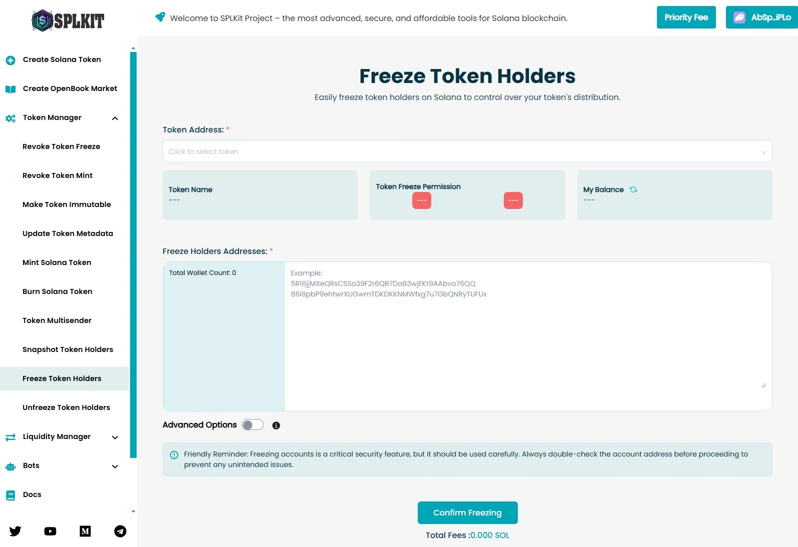 freeze token holders